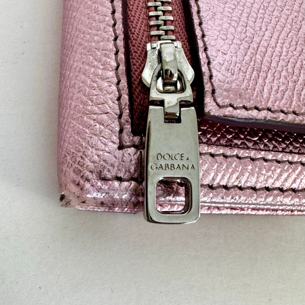 Dolce and Gabbana Trifold Metallic Dauphine Leather Small Wallet w/ Crystal Logo - Picture 10 of 13